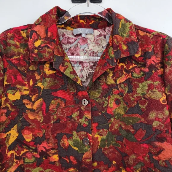 Habitat 3/4 Sleeve Button Front Shirt Womens Size Medium Floral Red Gold Fall - Picture 2 of 7
